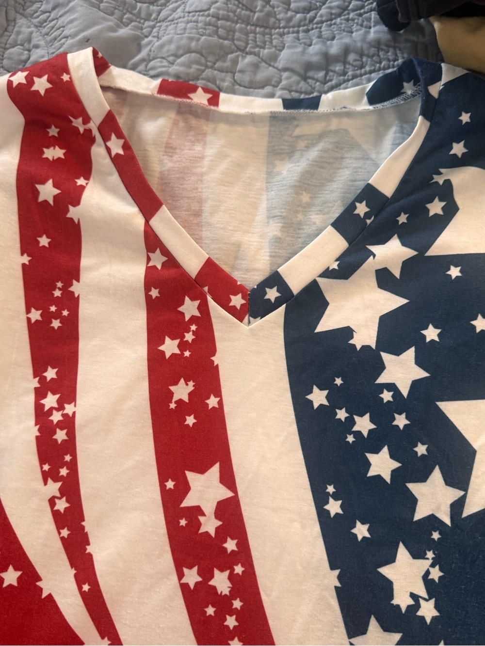 Women's 3/4 Sleeve V-Neck Tee - Red, White & Blue Star Stripe Print plus XXL
